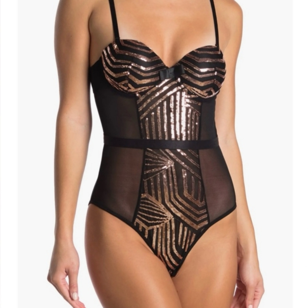 Black Fuchsia by Secret Lace LLC Sequin Panel Bodysuit Black Gold New Size Mediu